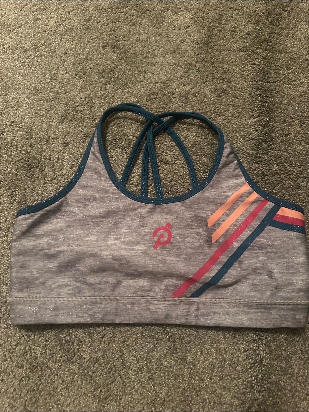 Peloton Grey Heather Strappy Sports Bra with Colorful Stripe